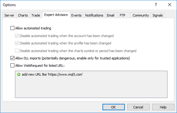 The option “Allow import DLL” in mql5-programs